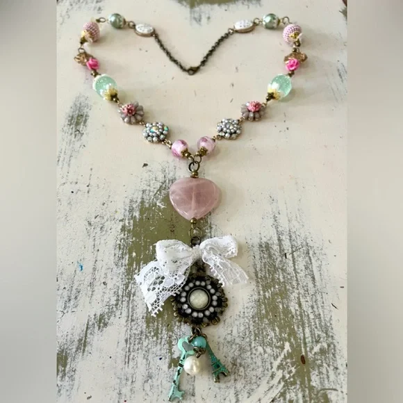 NEW!! Heart Pink Stone Necklace Peacock Earrings Set Handmade Design - Picture 2 of 15